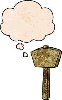 bir insan tarafından çizilmiş grunge doku biçiminde düşünce baloncuğu olan karton çekiç.