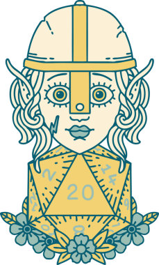 Retro Tattoo stili elf dövüşçüsü. Bir insan tarafından çizilmiş 20 zar ile.