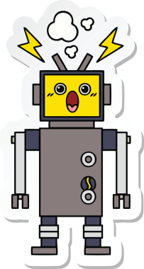 Bir insan tarafından çizilmiş arızalı sevimli bir robot karikatürü çıkartması.