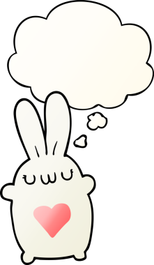 Sevgi dolu bir kalbi olan sevimli çizgi film tavşanı. Düşünce baloncuğu bir insan tarafından çizilmiş.