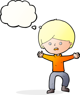 Bir insan tarafından çizilen düşünce baloncuğuyla panikleyen çizgi film çocuğu.