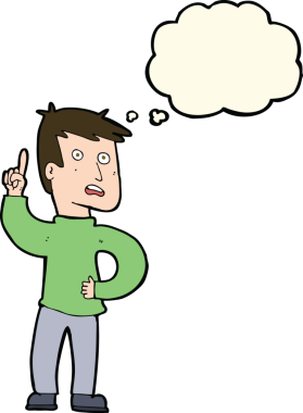 Bir insan tarafından çizilmiş düşünce baloncuğu fikri olan çizgi film çocuğu.