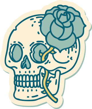 Geleneksel kafatası stili dövme çıkartması ve bir insan tarafından çizilmiş gül.