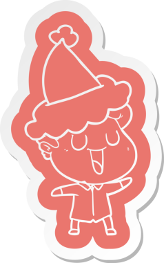 Bir insan tarafından çizilmiş Noel Baba şapkası giyen bir adamın komik çizgi film çıkartması.