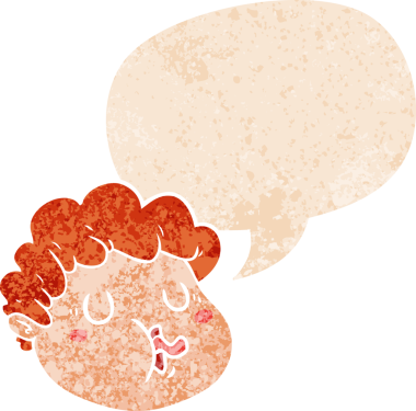 bir insan tarafından çizilmiş, grunge dertli retro tarzı konuşma baloncuğu ile çizgi film erkek yüzü