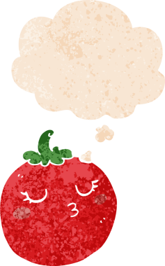 Düşünce baloncuklu çizgi film domatesi grunge sıkıntılı retro dokuma tarzı bir insan tarafından çizilmiş.