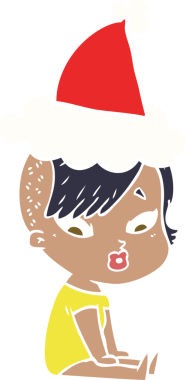 Bir insan tarafından çizilmiş Noel Baba şapkası giymiş şaşırmış bir kızın el çizimi düz bir resim.