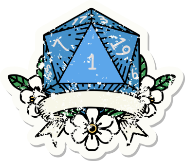 Bir insan tarafından çizilmiş doğal bir d20 zarının grunge çıkartması.