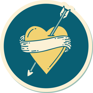 Bir insan tarafından çizilmiş ok kalp ve pankartın geleneksel stiliyle dövme çıkartması.