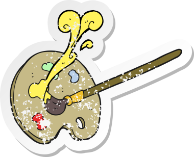 Bir insan tarafından çizilmiş karikatür ressamı paletinin gerilimli retro etiketi