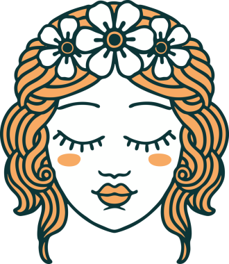 İkonik dövme stili. Bir insan tarafından çizilmiş gözleri olan kadın yüzü.