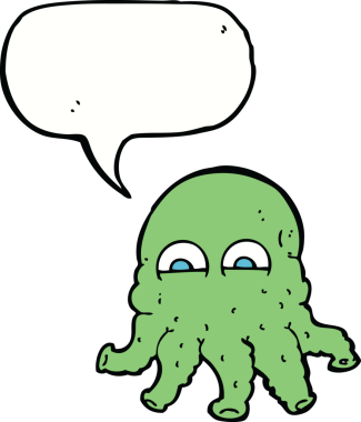 Bir insan tarafından çizilmiş konuşma baloncuklu uzaylı mürekkep balığı yüzü.