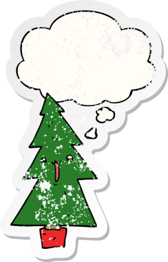 Düşünce baloncuğu olan karikatür Noel ağacı bir insan tarafından çizilmiş yıpranmış bir çıkartma.