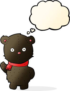 Bir insan tarafından çizilmiş düşünce baloncuğu ile siyah ayı yavrusunu sallayan çizgi film.