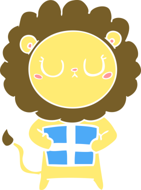 Bir insan tarafından çizilmiş noel hediyeli düz renkli çizgi film aslanı.