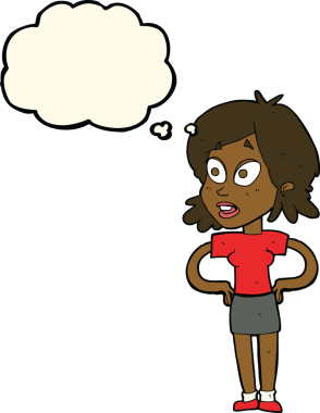 Bir insan tarafından çizilmiş düşünce baloncuğu olan elleri kalçasında çizgi film kadını.