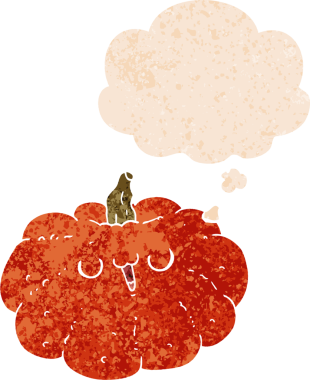 Mutlu çizgi film balkabağı. Düşünce baloncuğu ve grunge dertli retro stili. Bir insan tarafından çizilmiş.