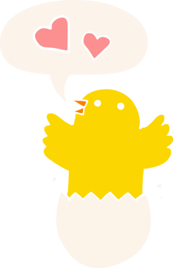 Bir insan tarafından çizilmiş, konuşma baloncuğu olan, yumurtadan çıkan tatlı bir kız çizgi filmi.