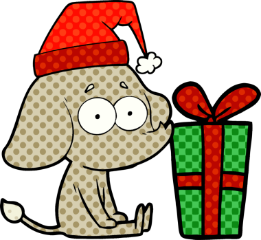 bir insan tarafından çizilmiş noel hediyesiyle yerde oturan kararsız bir fil.