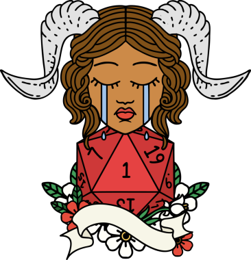 Retro Dövme Biçimi ağlayarak doğal bir D20 rulosuyla bir insan tarafından çizilmiş.