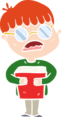 Düz renkli çizgi filmci çocuk kitap okuyor. Bir insan tarafından çizilmiş gözlük takıyor.