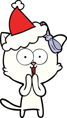Bir insan tarafından çizilmiş Noel Baba şapkası takan bir kedinin çizimi.