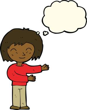 Bir insan tarafından çizilmiş düşünce balonuyla el kol hareketi yapan karikatür kadını.