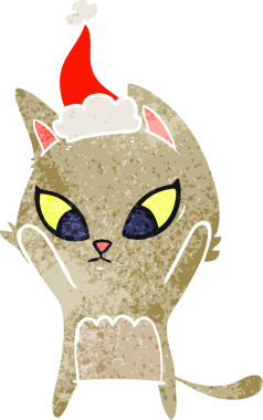 Bir insan tarafından çizilmiş Noel Baba şapkası takan bir kedinin retro çizimi.