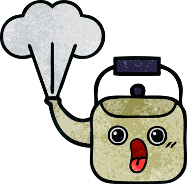 Bir insan tarafından çizilen dumanı tüten bir çaydanlığın retro grunge desenli karikatürü