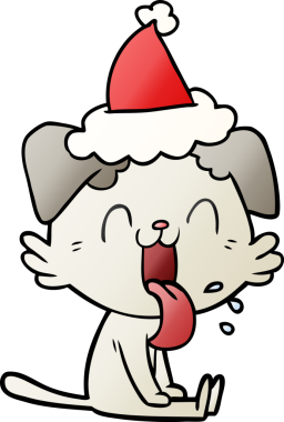 Bir insan tarafından çizilmiş, nefes nefese kalmış, Noel Baba şapkası takan bir köpeğin gradyan çizimi.