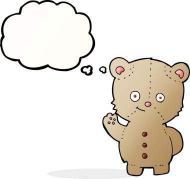 Bir insan tarafından çizilmiş düşünce baloncuğuyla sallanan oyuncak ayı.