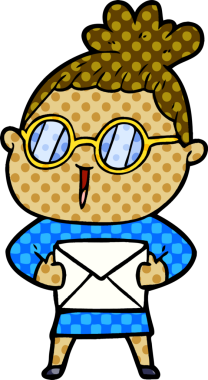 Bir insan tarafından çizilmiş gözlüklü bir karikatür kadın.