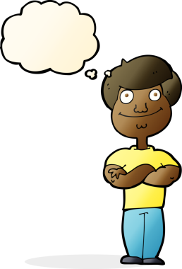 Bir insan tarafından çizilmiş düşünce balonlu mutlu adam çizgi filmi.