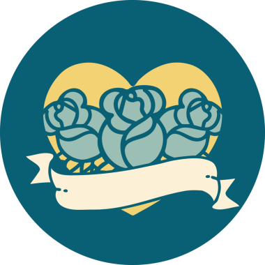 İkonik dövme stili bir kalp ve bir insan tarafından çizilmiş çiçekli pankart.