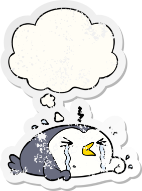 Karikatür ağlayan penguen. Düşünce baloncuğu insan tarafından çizilmiş yıpranmış bir çıkartma gibi.
