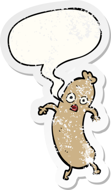 Konuşma baloncuklu çizgi film sosisi bir insan tarafından çizilmiş sıkıntılı eski bir çıkartma