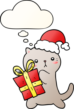 Sevimli çizgi film kedisi, yanında bir insan tarafından çizilmiş yumuşak eğimli düşünce baloncuğuyla noel hediyesi taşıyor.