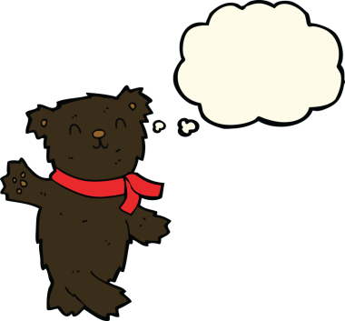 Bir insan tarafından çizilmiş düşünce balonlu oyuncak ayıyı sallayan bir çizgi film.