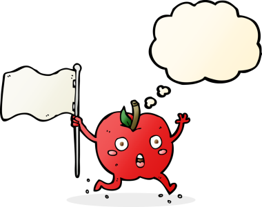 Düşünce baloncuğu çizilmiş bayraklı komik elma.