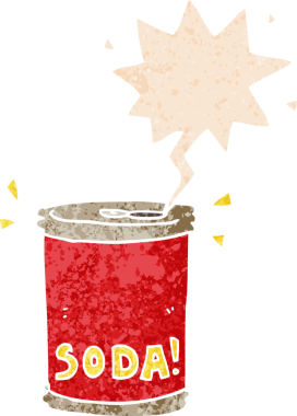 Bir insan tarafından çizilmiş grunge dertli retro desenli konuşma baloncuklu çizgi film soda kutusu.