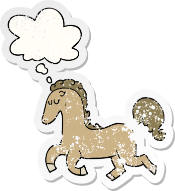 Düşünce baloncuğuyla koşan çizgi film atı bir insan tarafından çizilmiş yıpranmış bir çıkartma gibi.