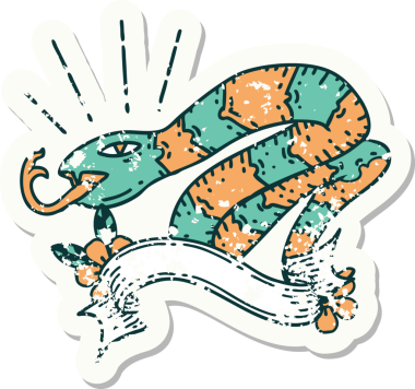 Bir insan tarafından çizilmiş eski bir dövme stili tıslayan yılan etiketi.