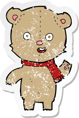 Bir insan tarafından çizilmiş bir atkıyla oyuncak ayıyı sallayan bir çizgi filmin gerilimli retro yapıştırması.