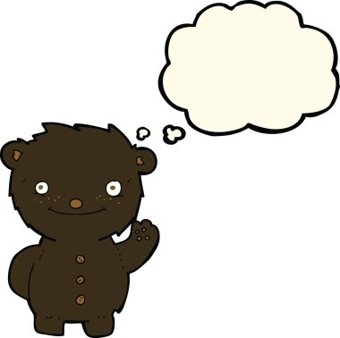 Bir insan tarafından çizilmiş düşünce balonlu siyah ayı sallayan çizgi film.