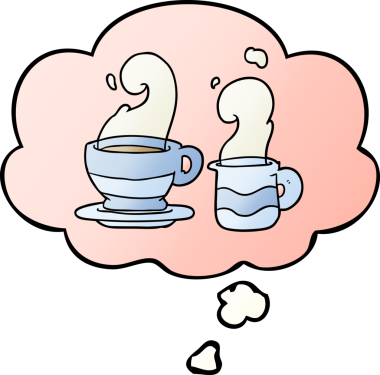 Bir insan tarafından çizilmiş yumuşak eğimli düşünce baloncuklu kahve fincanı.