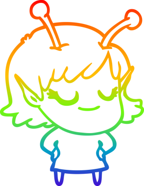 Bir insan tarafından çizilmiş gülümseyen uzaylı kız çizgi filmi.