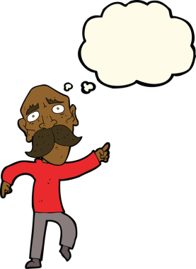 Karikatür üzgün yaşlı adam bir insan tarafından çizilmiş düşünce balonuyla işaret ediyor.