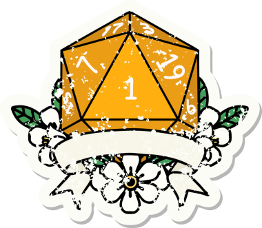 Bir insan tarafından çizilmiş doğal bir d20 zarının grunge çıkartması.