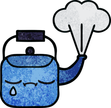 Bir insan tarafından çizilen dumanı tüten bir çaydanlığın retro grunge desenli karikatürü