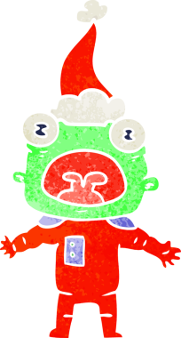 Bir insan tarafından çizilmiş Noel Baba şapkası giymiş garip bir uzaylının el çizimi karikatürü.